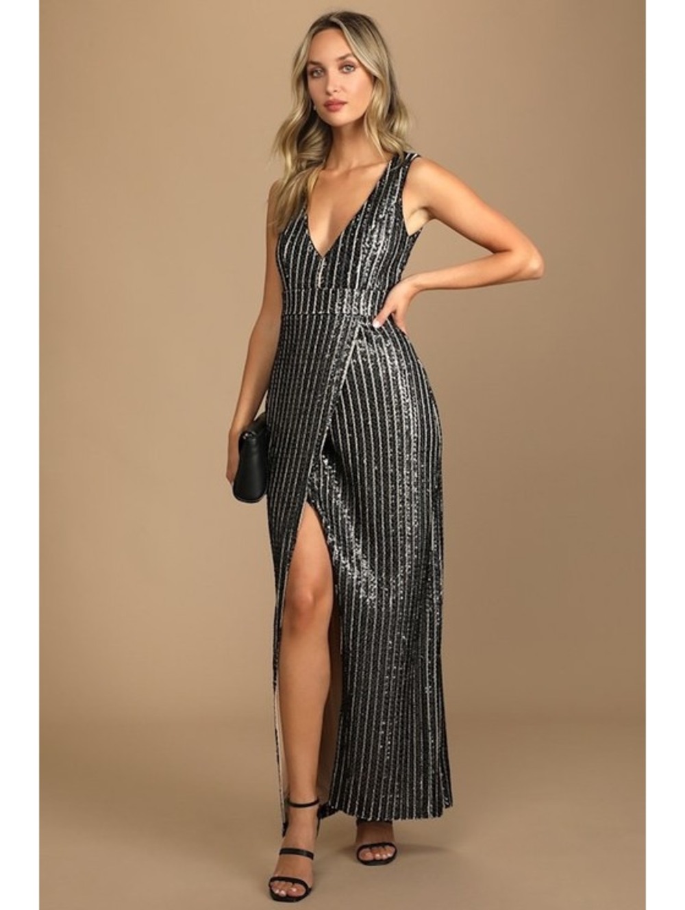 Lulu’s Black and Silver Sequin V-Neck Dress with High Slit - Homecoming Hoco